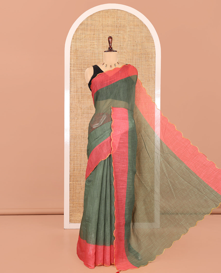 Green Plain Linen Cotton Saree, Contrast Plain Scallop Border, a Self-Pallu, and Contrast Kalamkari Printed Blouse