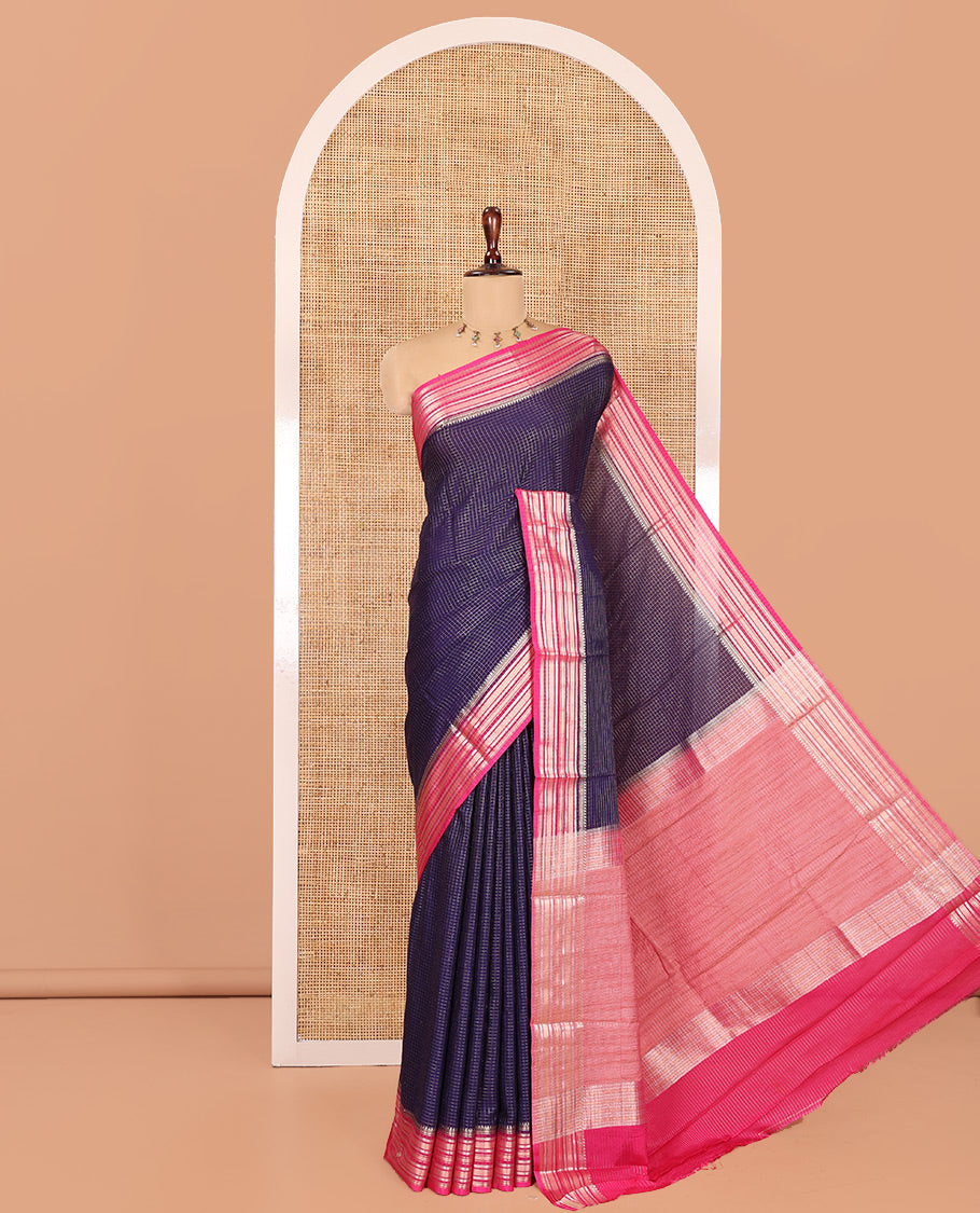 Navy Blue Zari Checked Art Crepe Saree, Contrast Horizontal Striped Border, Zari Striped Pallu, and a Contrast Blouse