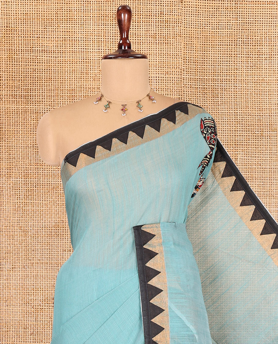 Blue Linen Cotton Saree, Adorned with Figurine Patch Embroidery, Complemented by a Contrast Temple Border, and a Matching Blouse