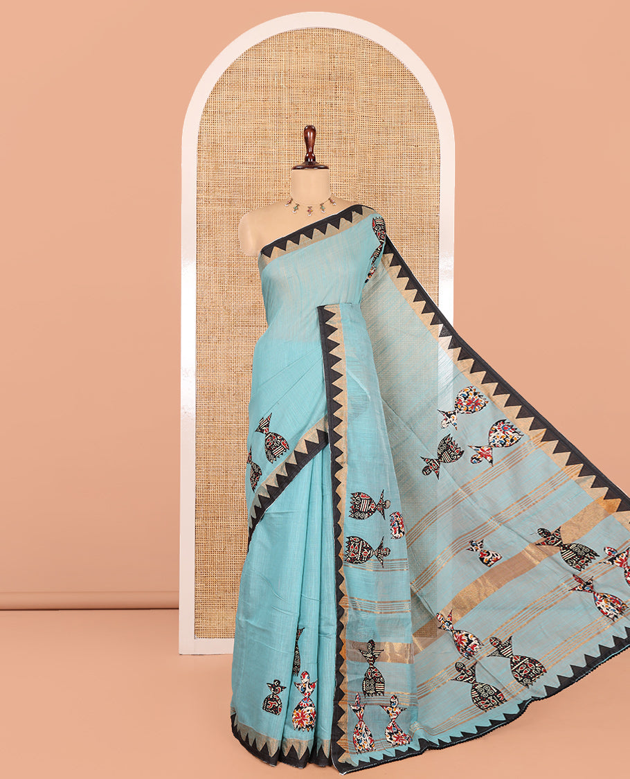 Blue Linen Cotton Saree, Adorned with Figurine Patch Embroidery, Complemented by a Contrast Temple Border, and a Matching Blouse