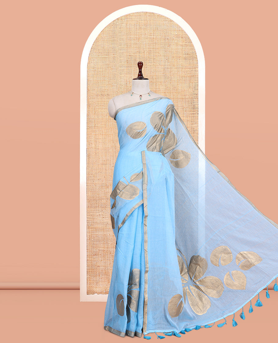 Blue Khadi Mul Cotton Saree Features Floral Motifs Glitter-Print, a Piping Border, and a Matching Blouse
