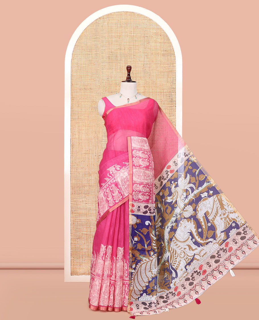 Pink Linen Cotton Saree Features Kalamkari-Style Human Motifs Print, a Piping Border, Contrast Printed Pallu, and Contrast Blouse