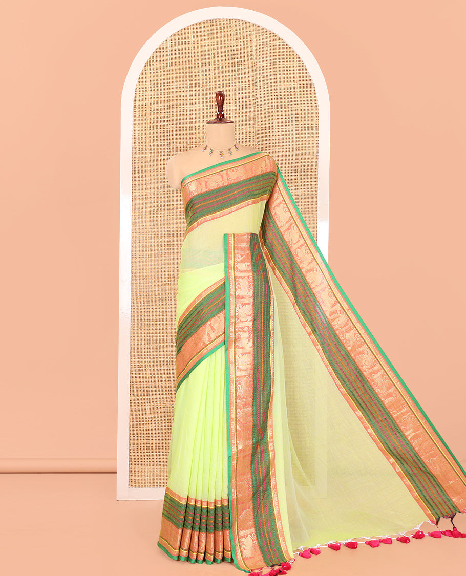 Green Plain Khadi Mul Cotton Saree, Complemented by Contrast Yaali-Peacock Traditional Border, Self-Pallu, and No Blouse