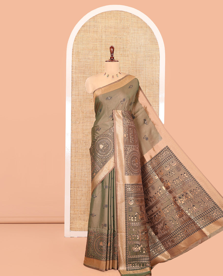 Mehenti Satin Silk Saree, Adorned with Warli Motif Print, Highlighted by Warli Printed Zari Border, Warli-Village Palllu, and a Matching Blouse