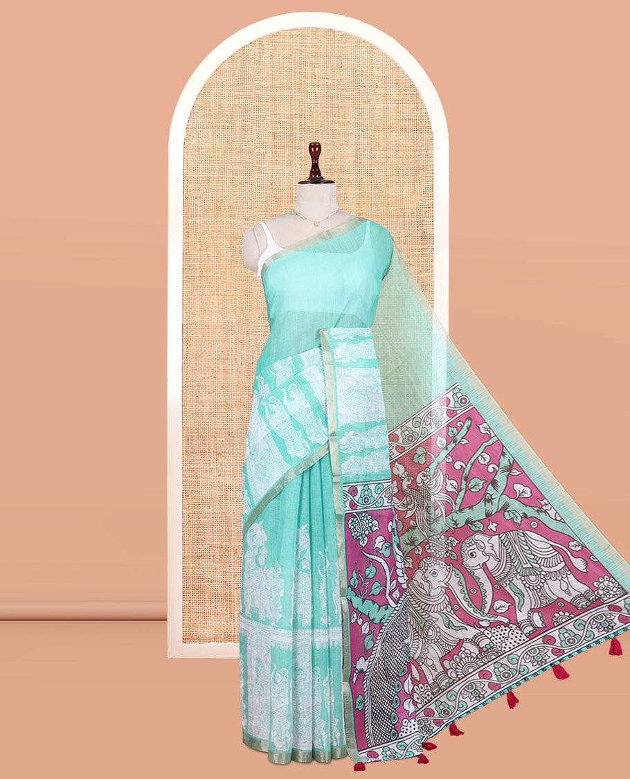 Sea Green Linen Cotton Saree Features Kalamkari Human Figurines, a Piping Border, Kalamkari Pallu, Contrast Blouse