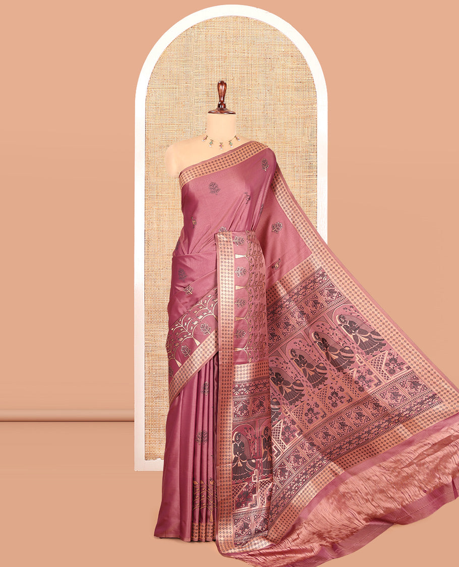 Wine Satin Silk Saree, Adorned with Flora-Fauna Buttas, Tree-Bird Border, Intricate Pallu, Matching Blouse