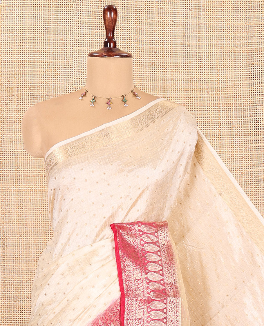 Cream-Pink Semi-Tussar Saree Features 1000 Buttas, a Contrast Traditional Border, and Contrast Blouse