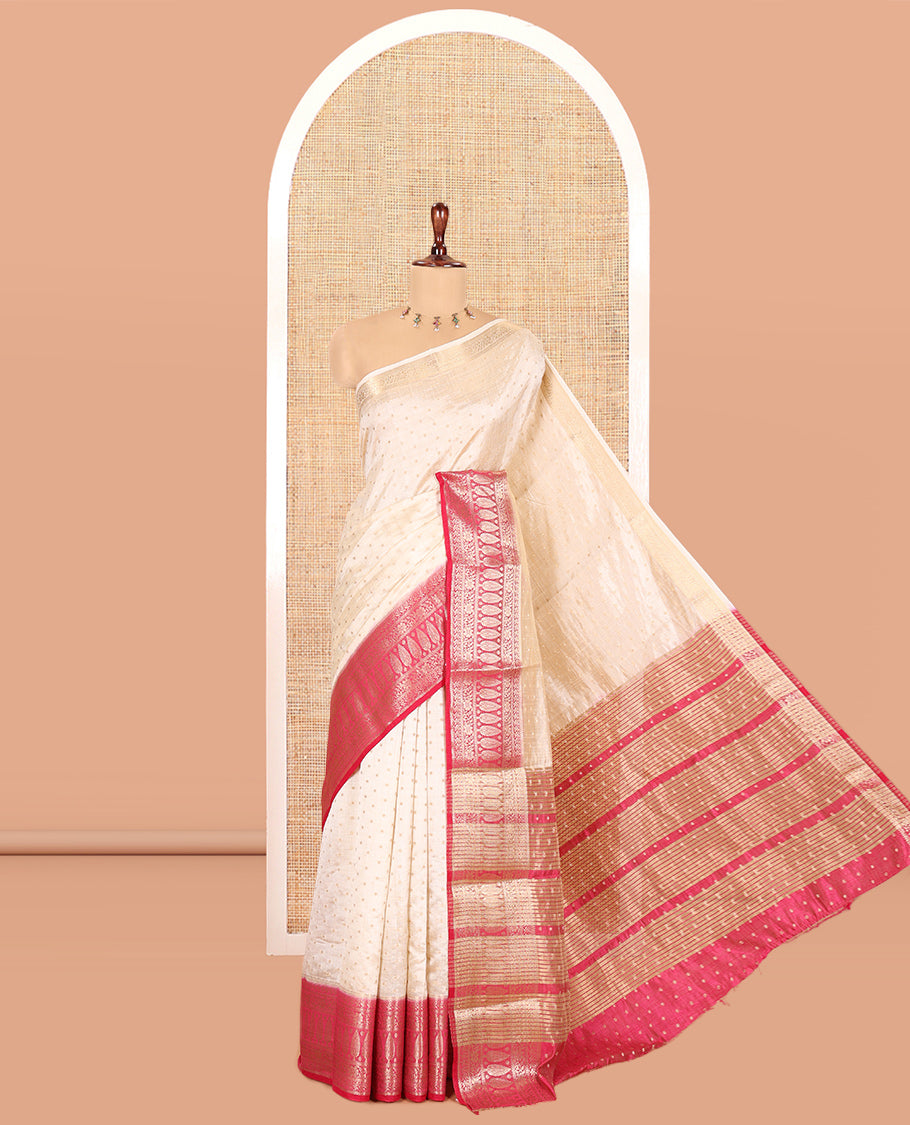Cream-Pink Semi-Tussar Saree Features 1000 Buttas, a Contrast Traditional Border, and Contrast Blouse