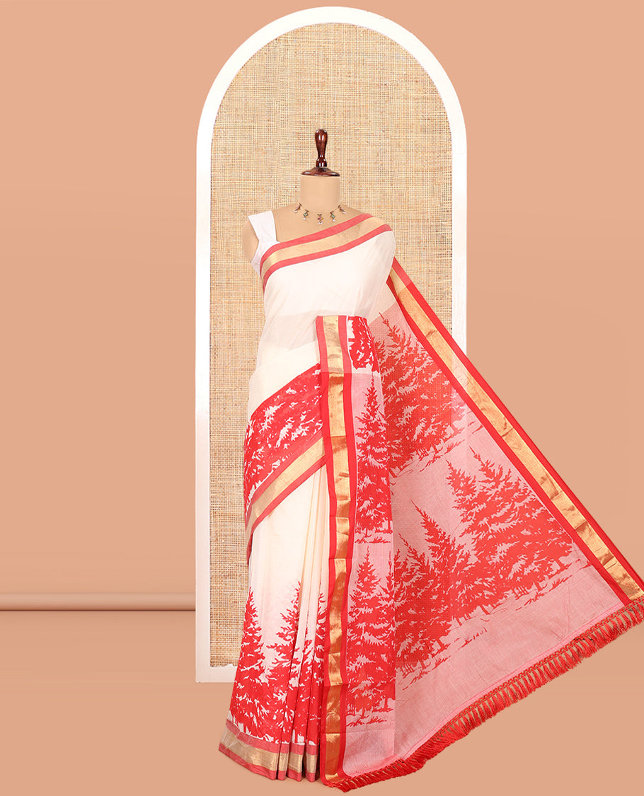 Cream-Red Kerala Cotton Saree Features Tree Print, Contrast Border, and a Contrast Blouse