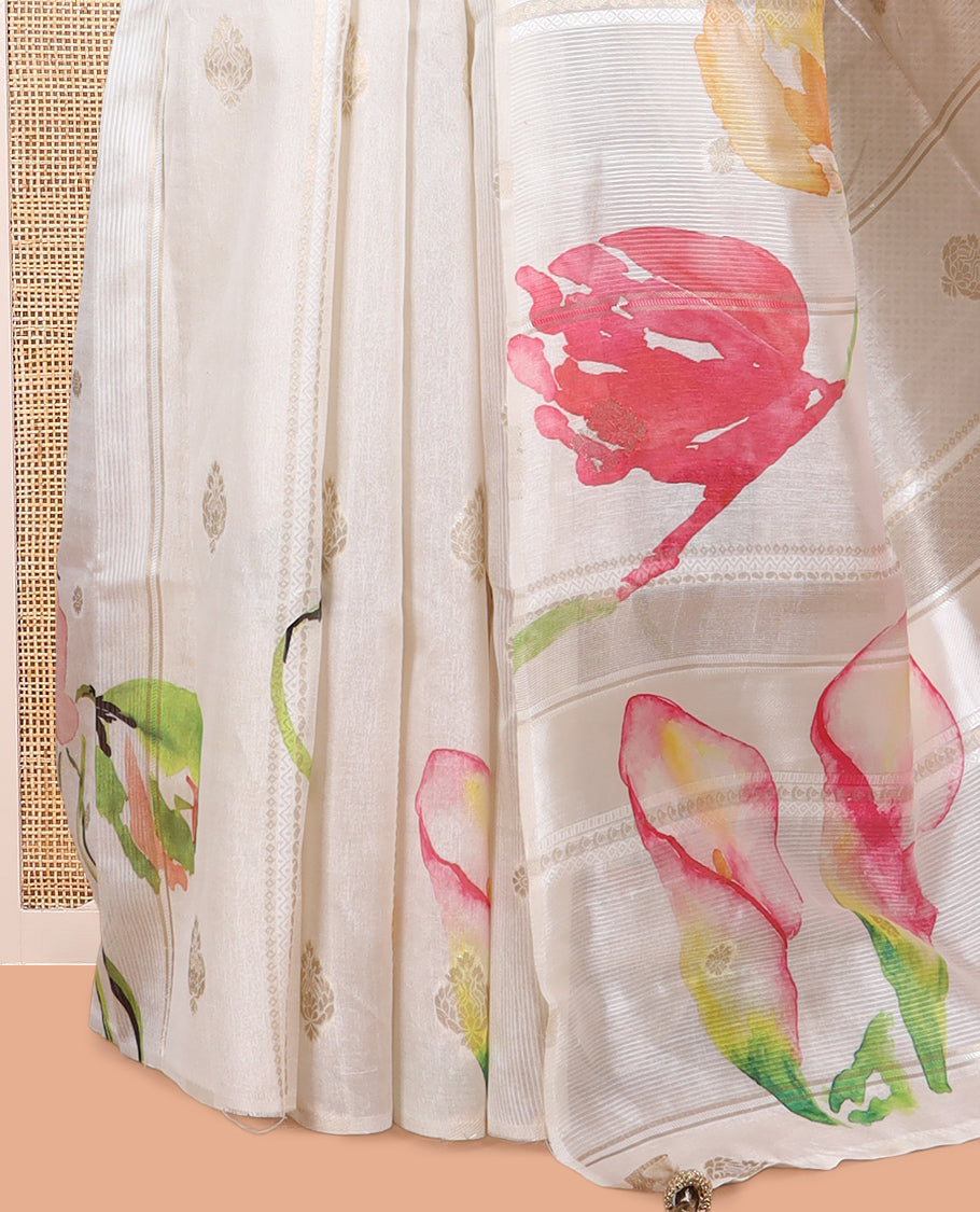 Borderless Cream Semi-Tussar Saree Features Zari Design and Floral Print, a Self-Pallu, Matching Blouse