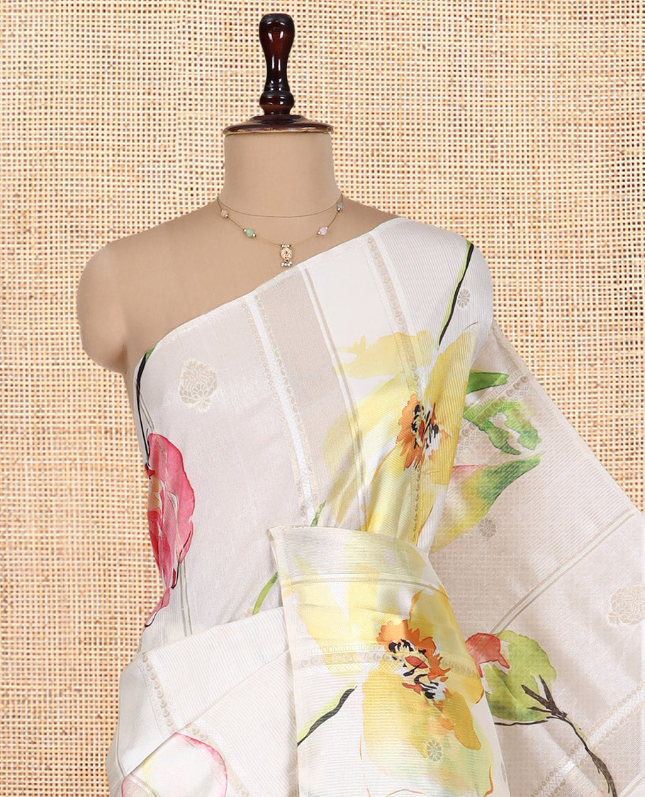 Borderless Cream Semi-Tussar Saree Features Zari Design and Floral Print, a Self-Pallu, Matching Blouse
