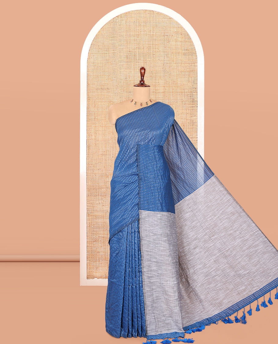 Borderless Blue Zari Striped Khadi Cotton Saree, Contrast Pallu, and No Blouse