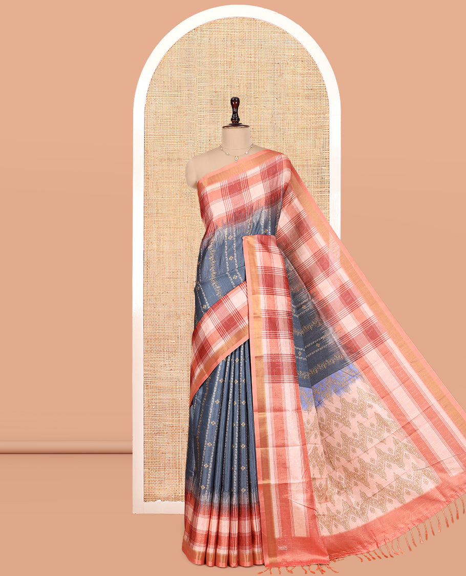 Grey Floral Design Manipuri Silk Saree, Contrast Checked Border, Mughal-Style Pallu, Contrast Blouse