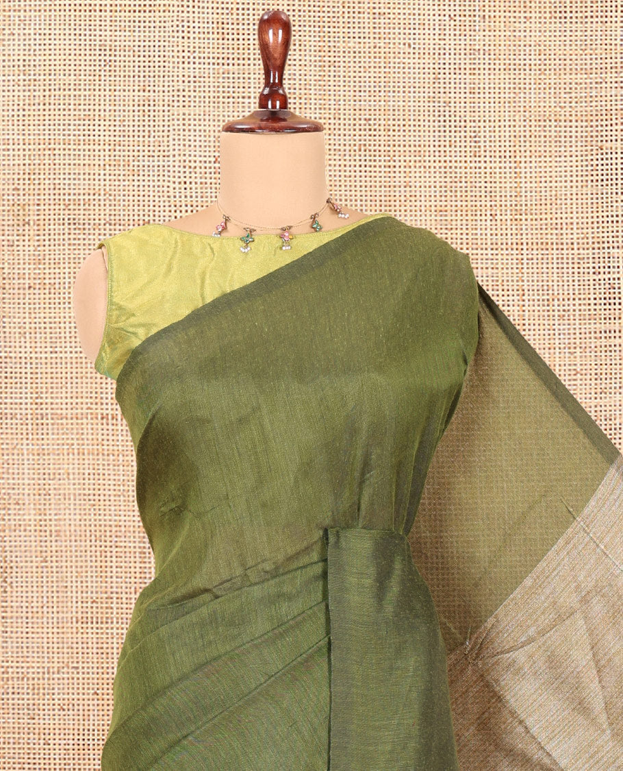 Borderless Olive Green Plain Khadi Cotton Saree, Jute Pallu, and No Blouse