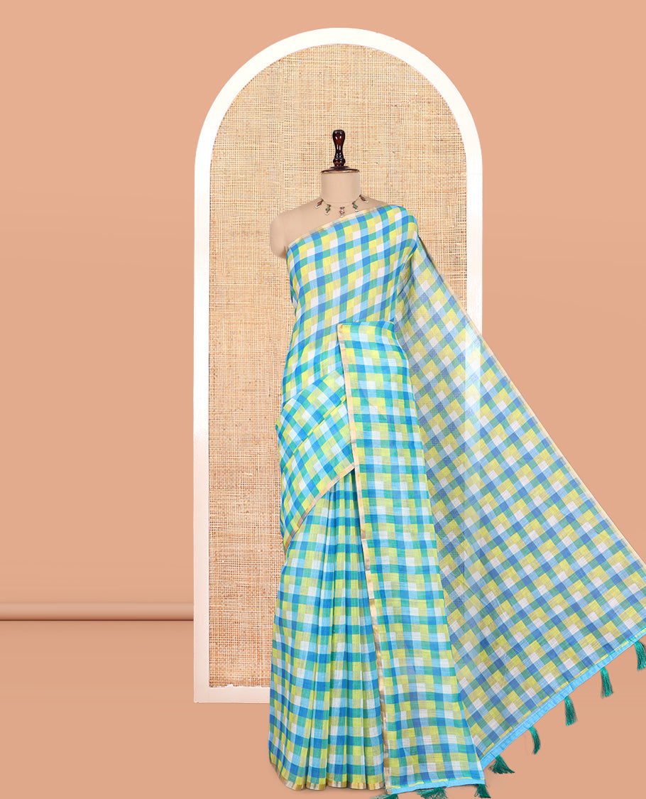 Borderless Lemon Yellow-Blue Checked Linen Cotton Saree, and Contrast Blouse