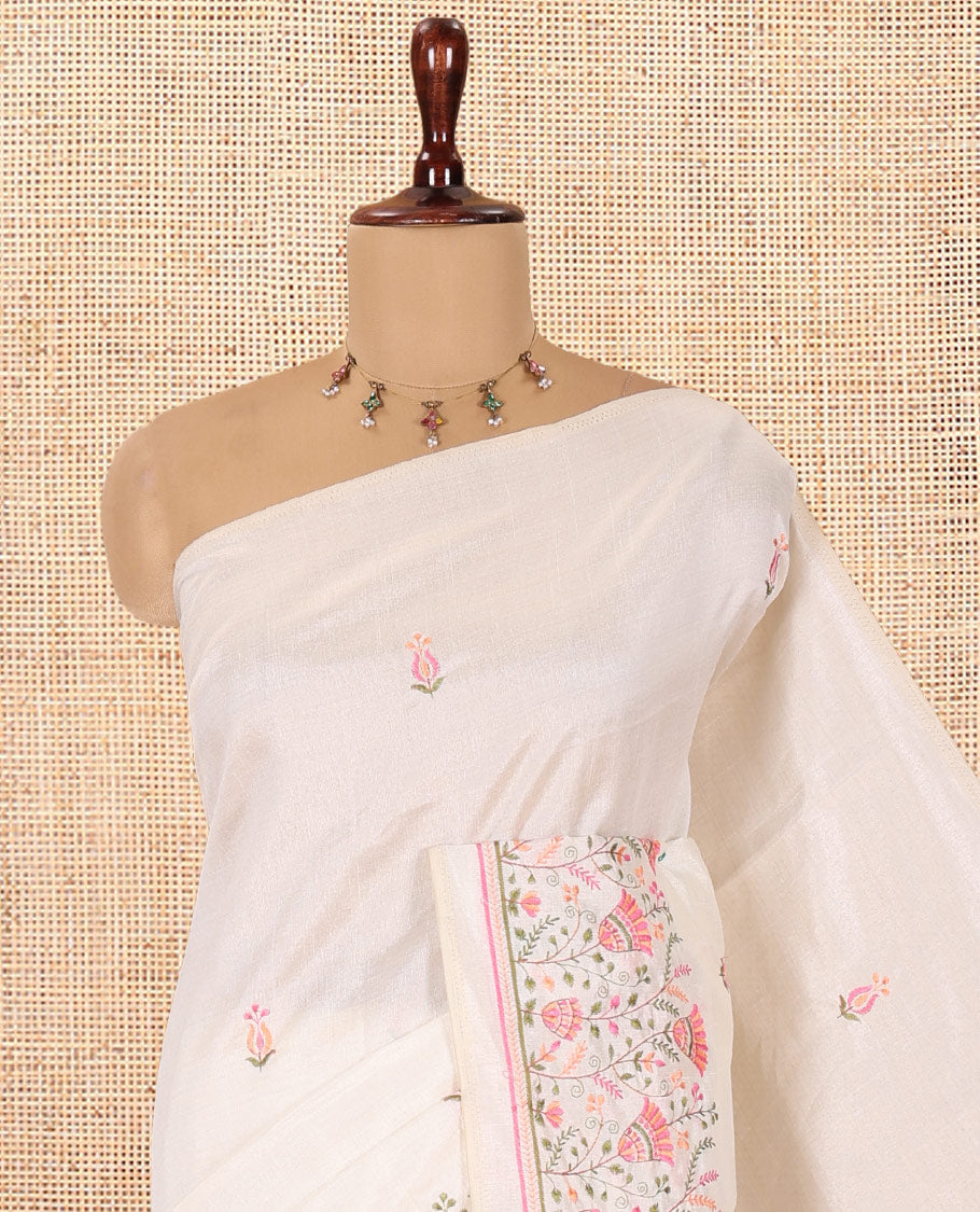 Cream Semi-Tussar Saree Features Thread Floral Embroidery, Embroidered Border, Matching Blouse
