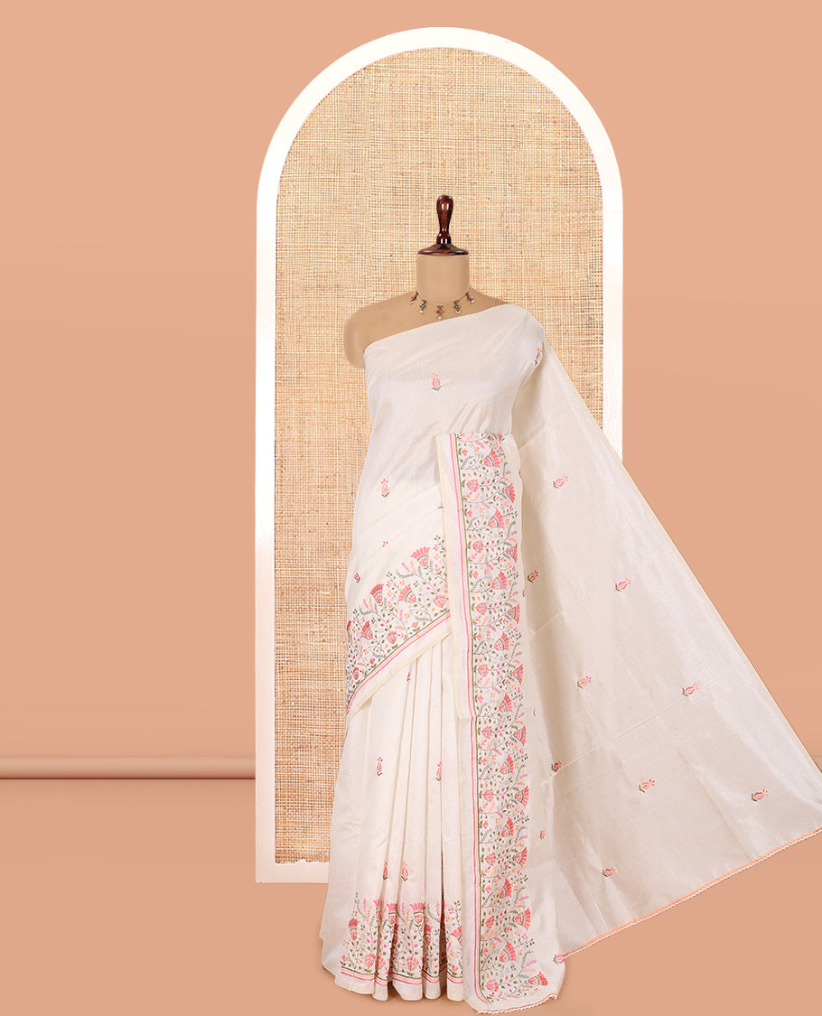 Cream Semi-Tussar Saree Features Thread Floral Embroidery, Embroidered Border, Matching Blouse