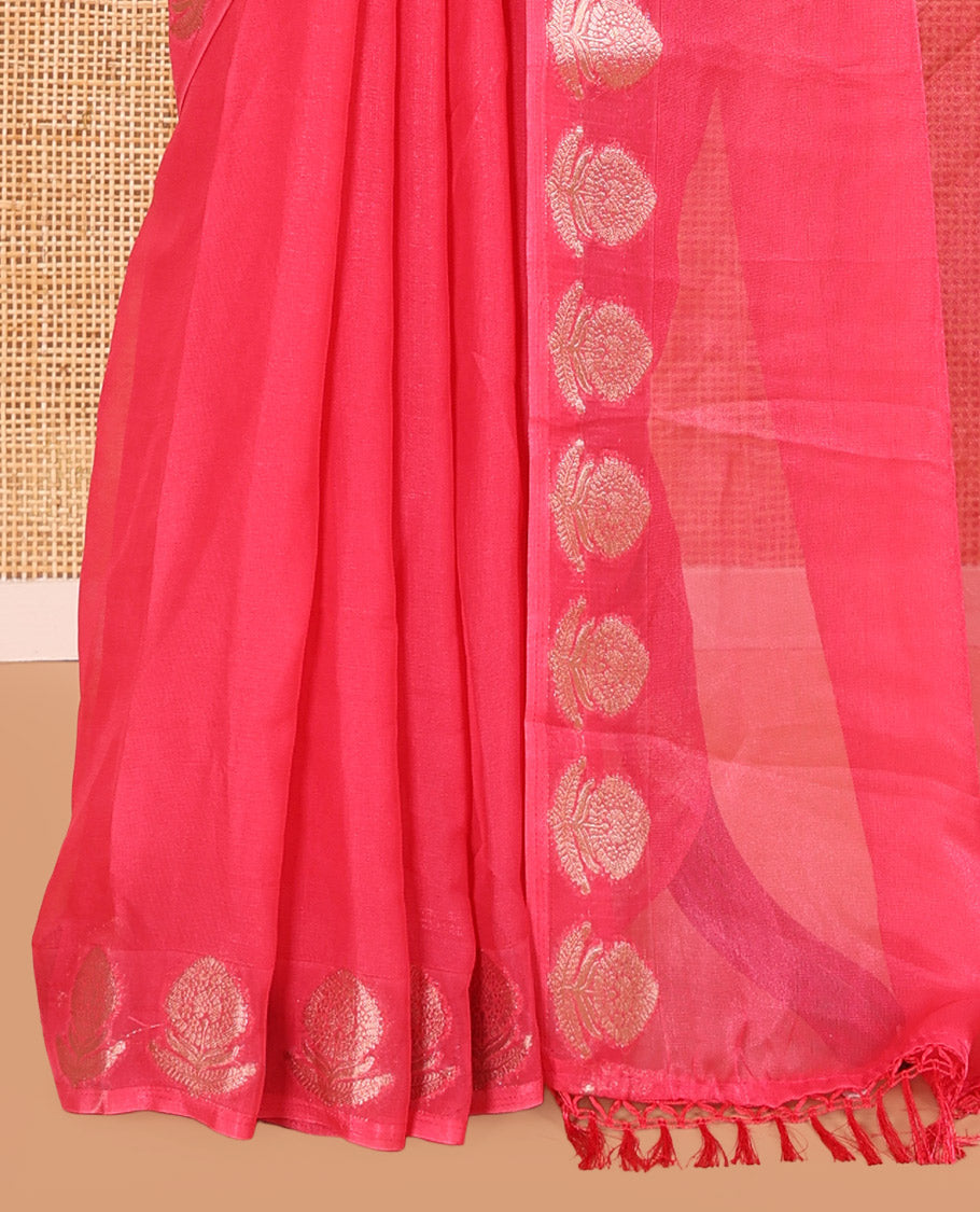 Pink Plain Moss Chiffon Saree, Highlighted by Gold Zari Floral Border, and a Self-Pallu