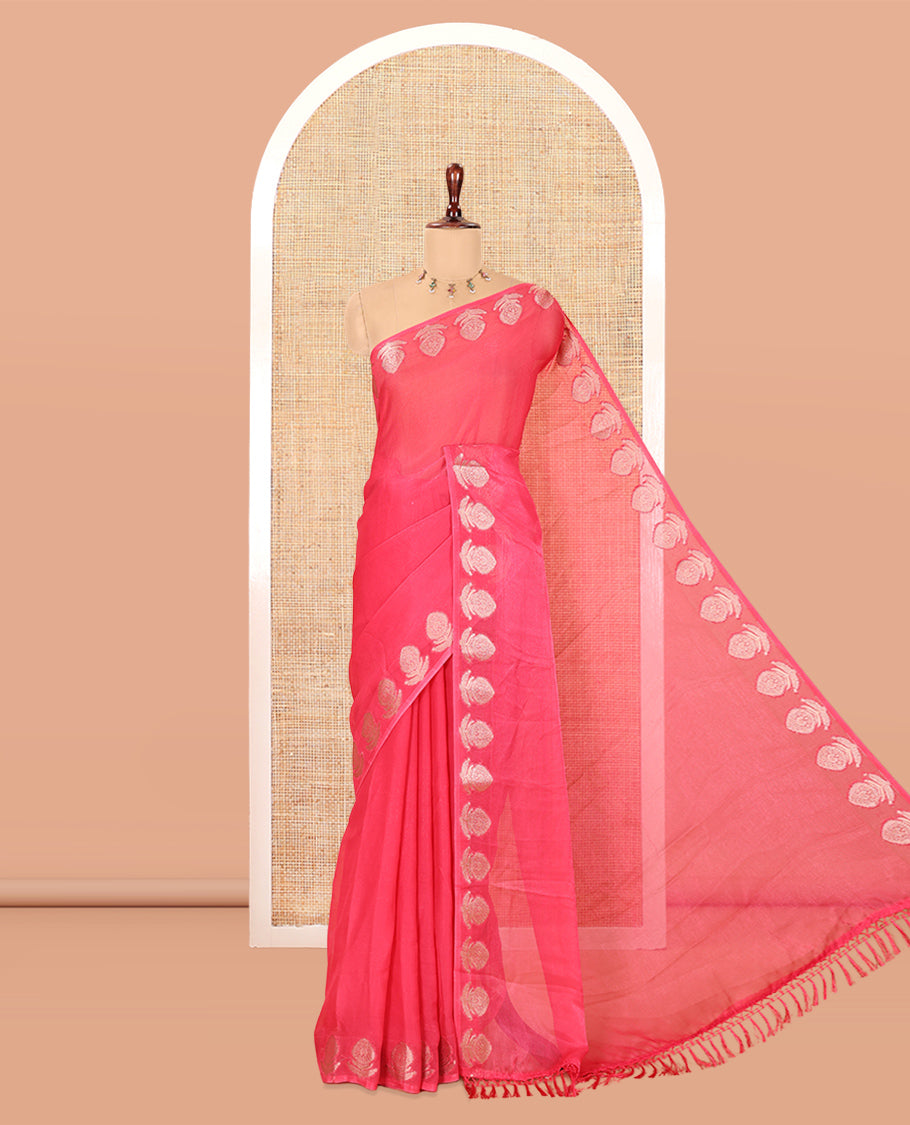 Pink Plain Moss Chiffon Saree, Highlighted by Gold Zari Floral Border, and a Self-Pallu