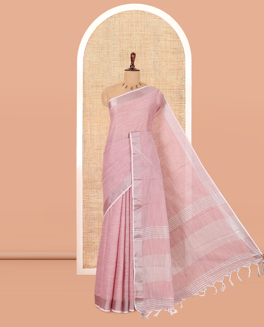 Dusky Pink Plain Linen-Cotton Saree, a Zari Border, Striped Pallu, and a Matching Blouse