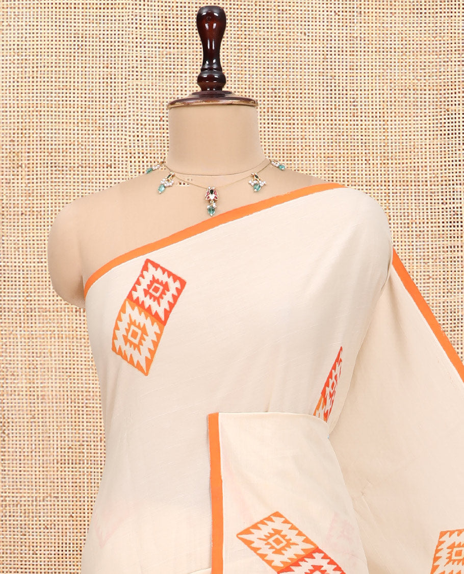 Borderless Cream Diamond Motifs Printed South Cotton Saree Comes with a Matching and a Contrast Block-Printed Blouse