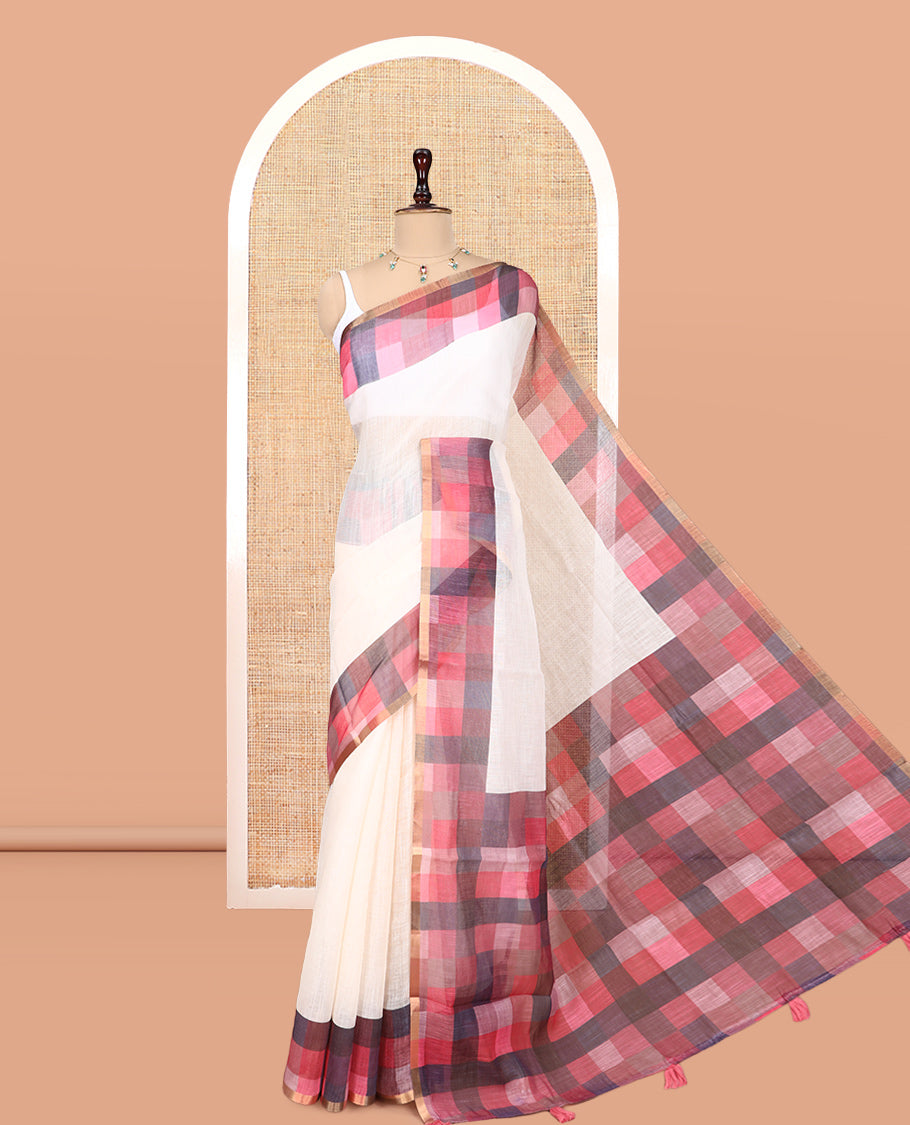 Cream-Dusky Pink Plain Handloom Cotton Saree, a Contrast Checked Border, Checked Pallu, and a Contrast Blouse