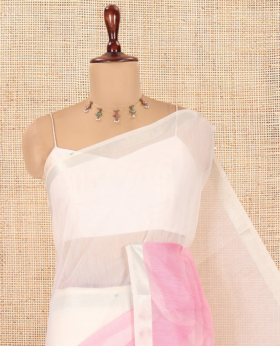 Cream Plain Nuni Cotton Saree, a Contrast Zari Border, Plain Pallu, and Contrast Blouse