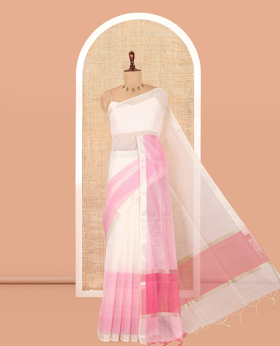 Cream Plain Nuni Cotton Saree, a Contrast Zari Border, Plain Pallu, and Contrast Blouse
