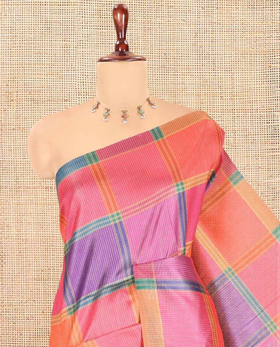 Borderless Pink Macro-Checked Katan Silk Saree, a Subtly Striped Pallu, and a Contrast Blouse