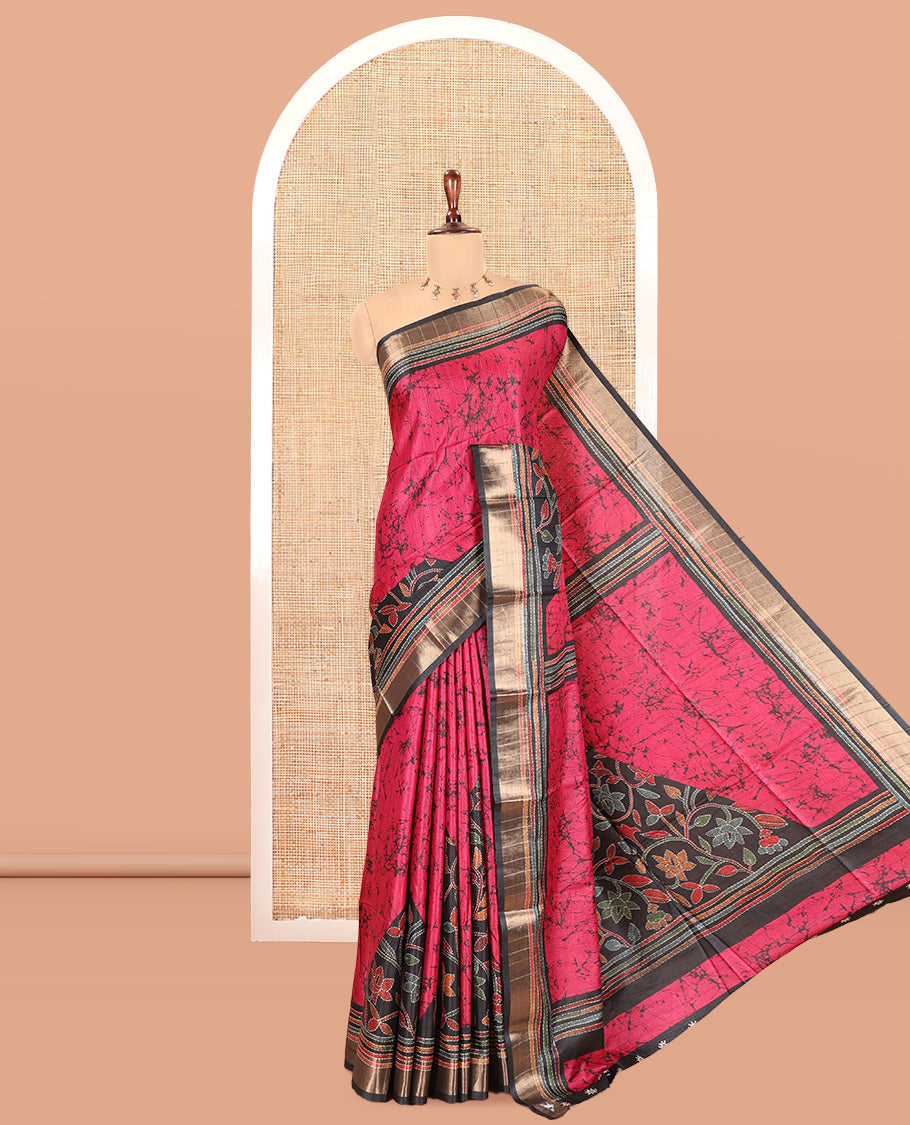 Rani Pink Katan Silk Saree, Detailed with Batik Print, a Contrast Kantha Work Border, Pallu of Floral Print and Kantha Work, and a Contrast Blouse