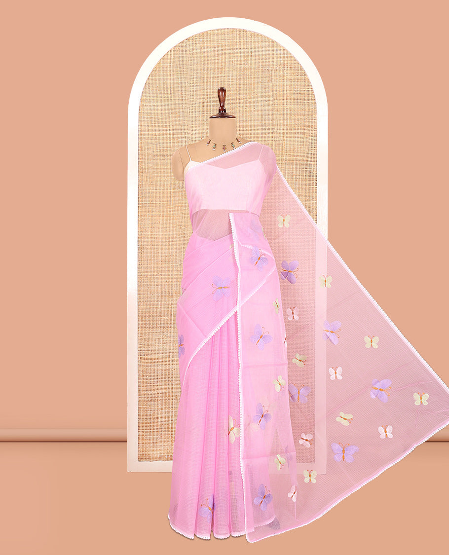 Pastel Lavender Kota Doria Saree, Delicately Woven with Butterfly Buttas, a Lace Border, a Matching Blouse