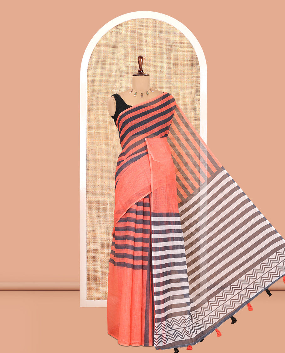 Borderless Orange Linen Cotton Saree, Accentuated with Stripes, a Self-Pallu of Stripes, and a Contrast Blouse