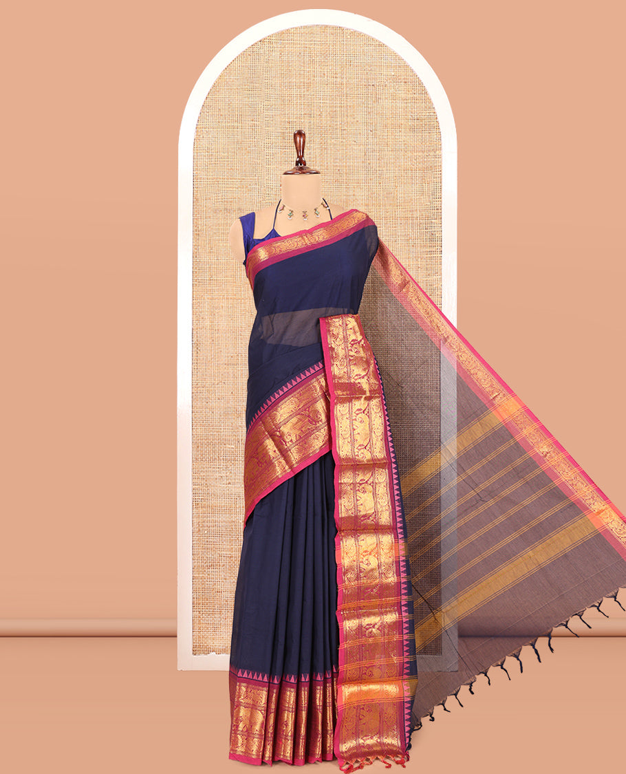 Navy Blue Plain Chettinad Cotton Saree