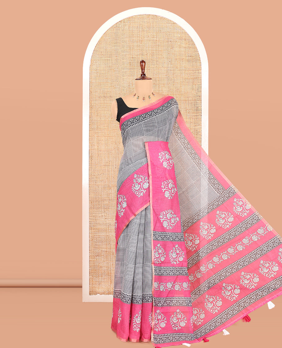 Black-Rani Pink Linen Cotton Saree