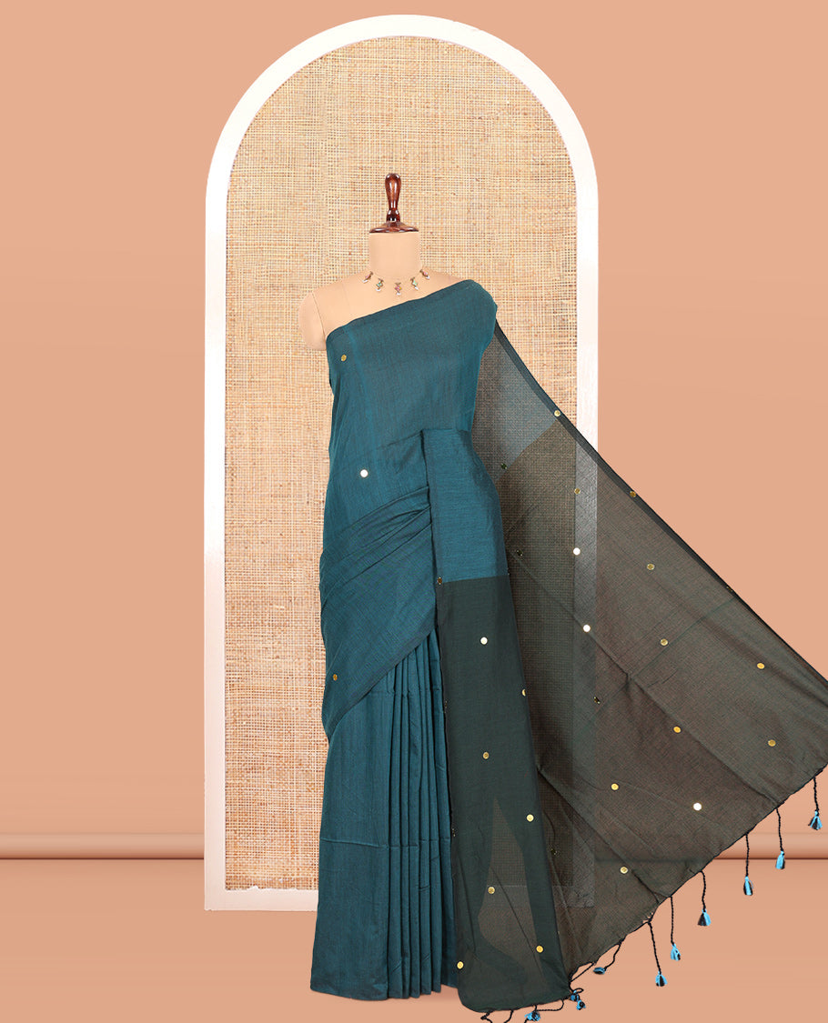 Borderless Peacock Green-Green Khadi Cotton Saree