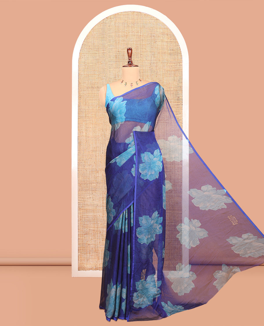 Borderless Royal Blue Rangoli Chiffon Saree