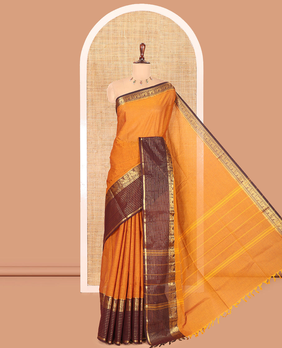 Mustard-Brown Plain Chettinad Cotton Saree