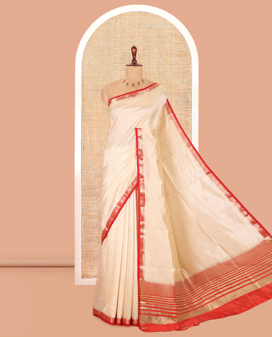 Cream-Pink Plain Art Tussar Saree