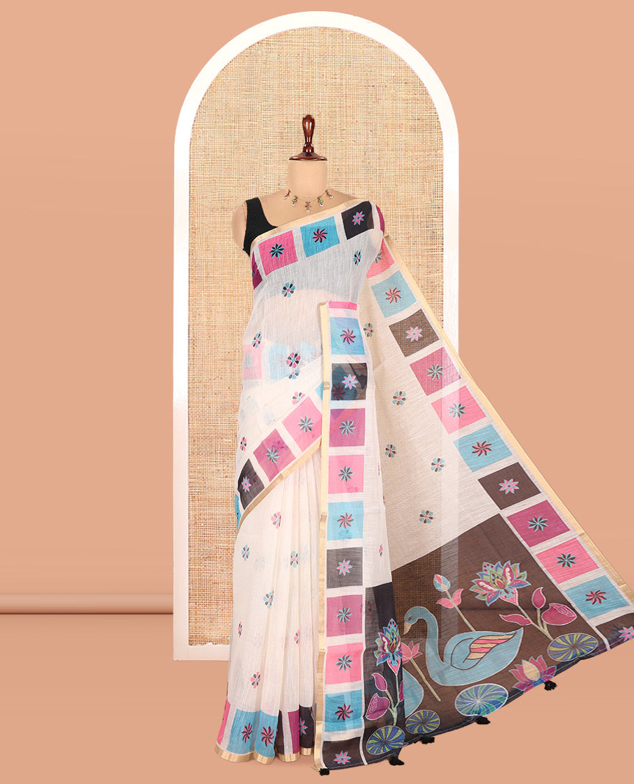 Cream-Black Linen Cotton Saree