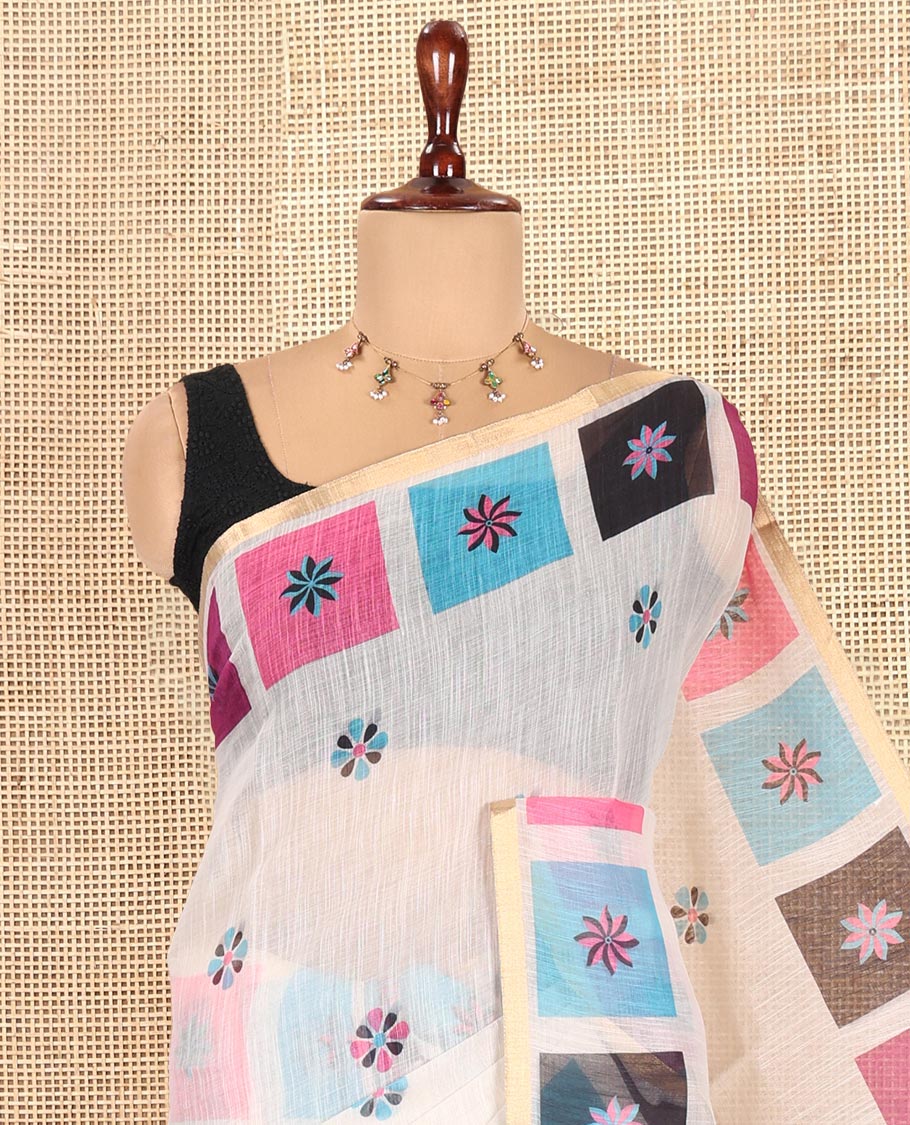 Cream-Black Linen Cotton Saree