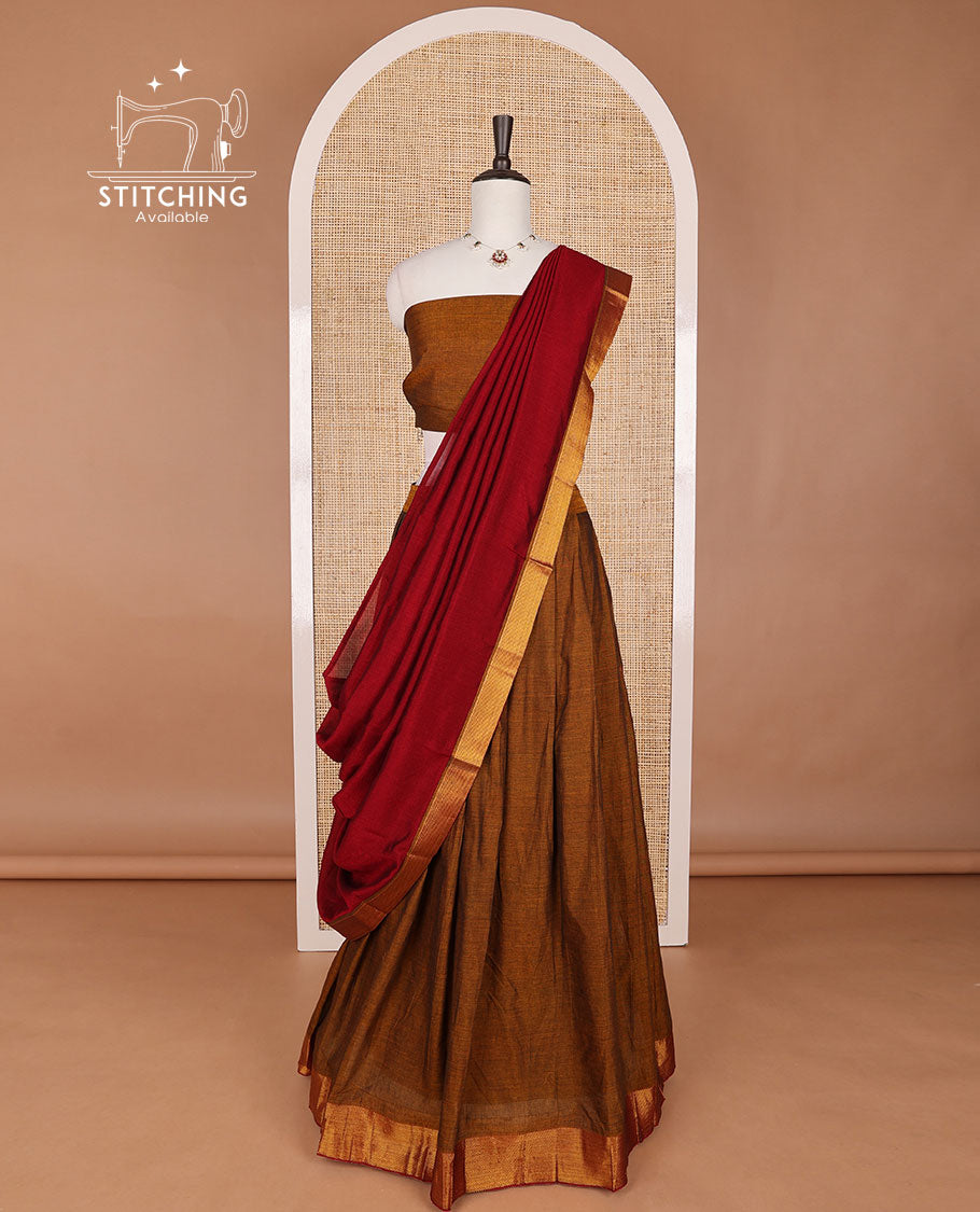 Brown mercerised cotton daman zari border half saree with cotton blouse & georgette one side zari border