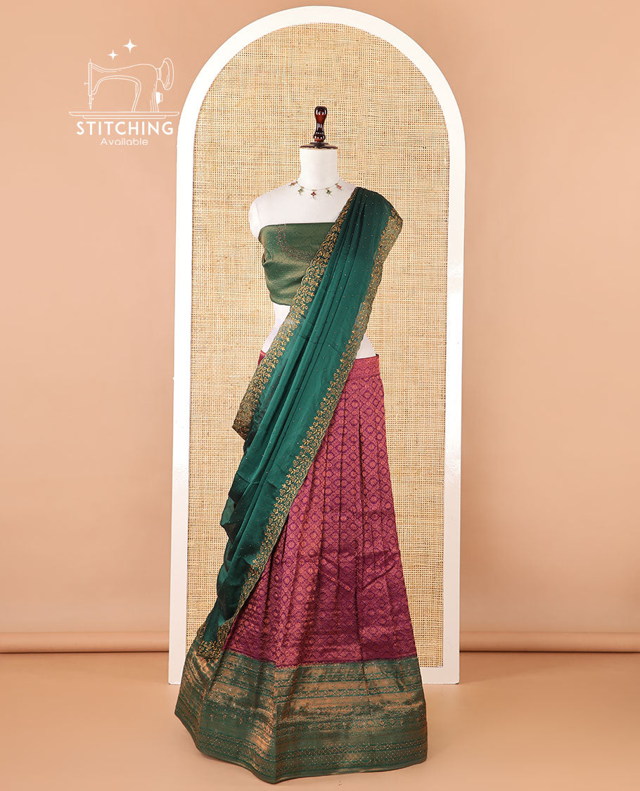 Wine colour banaras softy half-saree, brocade skirt, contrast traditional border, brocade blouse & stonework scallop georgette dhavani