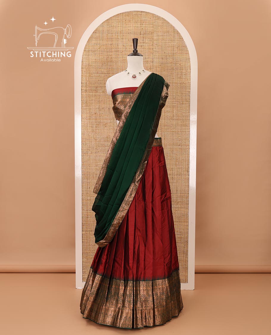 Maroon taffeta silk half-saree,plain skirt,contrast temple traditional zari border,zari design blouse & zari border georgette dhavani