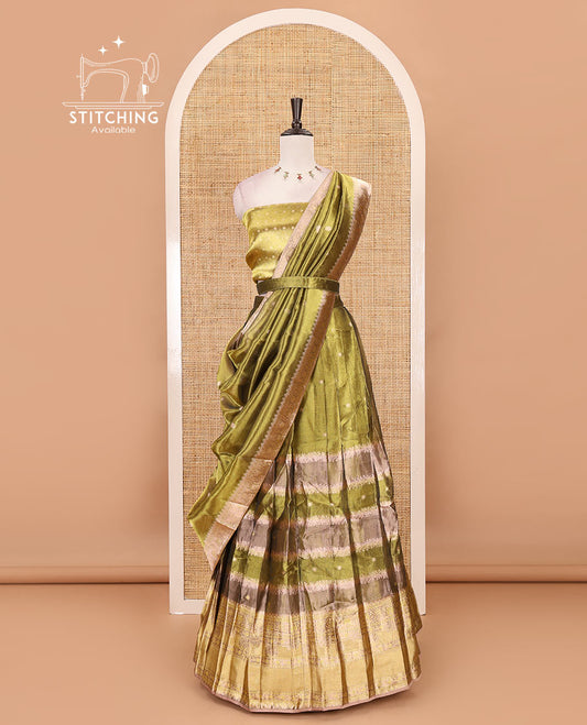 Liril green half-saree, buttas & traditional motifs skirt, brocade banarasi blouse & intricate dhavani