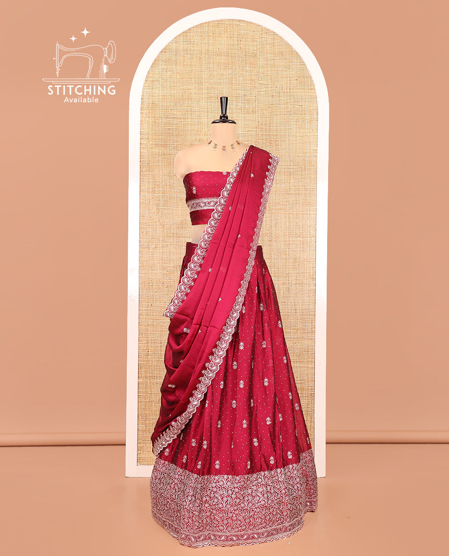 Rani Pink Georgette Half-Saree Featuring Embroidery Skirt, Floral Embroidered Border, Matching Blouse, Embroidered Dhavani