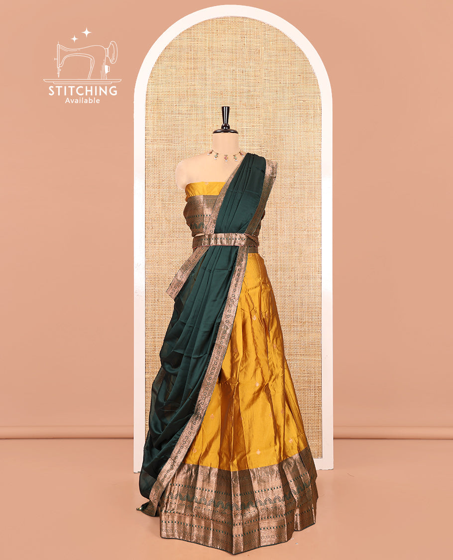 Yellow Semi-Banarasi Half-Saree Featuring Buttas Skirt, Contrast Traditional Border, Matching Blouse, Satin Georgette Dhavani