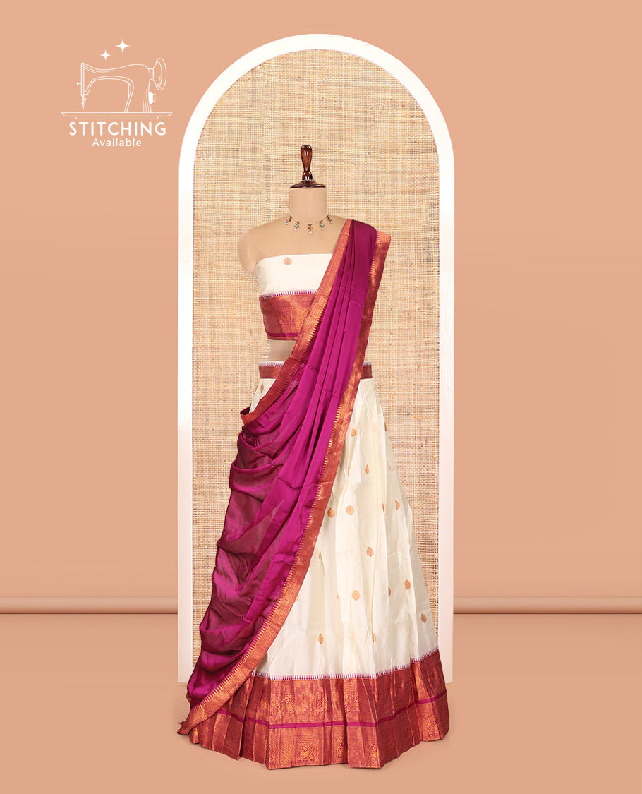Cream-Wine Banaras-Silk Half-Saree Features Zari Buttas Skirt, a Contrast Traditional Border, a Matching Blouse, a Contrast Dhavani