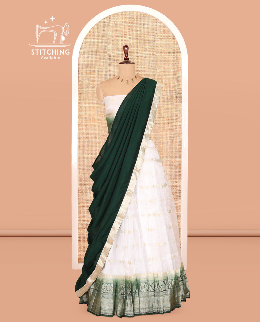 Cream-Green Organza Half-Saree Features Zari Buttas Skirt, Contrast Traditional Border, Matching Blouse, Contrast Dhavani