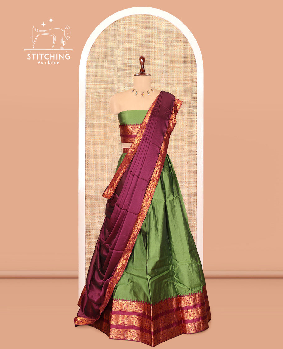 Green-Wine Semi-Banarasi Half-Saree Features Plain Skirt, Contrast Floral Creeper Zari Border, Matching Blouse, Contrast Dhavani