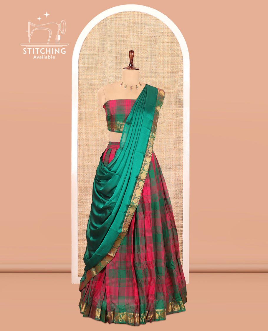 Multi-Color Checked Chettinad Cotton Half-Saree Features a House-Rudraksha Border, Matching Blouse, Contrast Dhavani